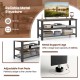 3-tier industrial TV stand with metal mesh shelf, durable wood and metal, adjustable foot pads for stability in living.