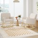 Beige upholstered rocking chair with solid rubber wood base, featuring ergonomic armrests, perfect for living rooms or.