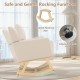 Upholstered rocking chair with solid wood base, featuring curved rocking legs and adjustable foot pads for comfort.