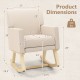 Upholstered rocking chair in beige with solid wood base, featuring ergonomic design and dimensions for comfort and.