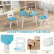 Kids' activity table and chair set in blue with rounded corners, sturdy wood legs, and central storage for toys.