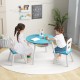 Wood activity kids table and chair set in blue with central mesh storage, perfect for study and playtime.