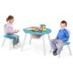 Wood activity kids table and chair set in blue with central mesh storage, ideal for play, study, and dining.
