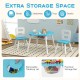 Kids table and chair set in blue with removable lid, featuring central mesh storage for toys and snacks, safe design.
