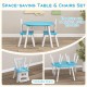Kids' blue activity table with two stackable chairs, featuring central storage and safe round edges for playtime.