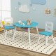 Wood activity kids table and chair set in blue with central mesh storage, perfect for study and play in a safe design.