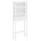 Tall white over the toilet storage rack featuring 3 open shelves and 2 drawers, ideal for small bathrooms or laundry.