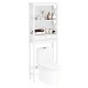 Over the toilet storage rack in white with 3 shelves, 2 drawers, and adjustable bottom bar for bathroom organization.