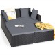 Spacious outdoor rattan daybed with gray upholstered cushions, featuring armrests and a curved backrest for comfort.