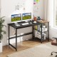 Black 59-inch home office computer desk with under-desk bookshelf, side hook for storage, and robust metal construction.