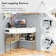 Triangle corner desk in white with charging station, 2 drawers, and storage shelf, ideal for home office or study use.