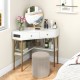 Triangle corner desk in white with 2 drawers and storage shelf, ideal for compact spaces and versatile use in any room.