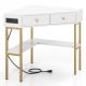 Triangle corner desk in white with two drawers, storage shelf, and built-in charging station for versatile use.