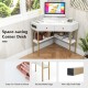 Triangle corner desk in white with 2 drawers and storage shelf, featuring sturdy metal legs and easy-to-clean surface.