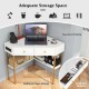 Triangle corner desk in white with charging station, featuring 2 drawers and open shelf for efficient storage.