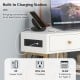 Triangle corner desk in white with built-in charging station, 2 drawers, and storage shelf for versatile workspace use.