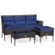 3-piece patio furniture sectional set with navy cushions, featuring a sturdy rattan frame and a glass-top coffee table.