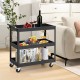 3-tier black metal utility cart with handle and wheels, showcasing fruits and drinks for versatile home use.