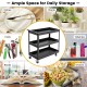 3-tier black utility cart with wheels, ideal for storage of tools, books, and snacks in homes or offices.