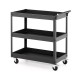 3-tier black metal utility cart with handle and universal wheels, ideal for versatile storage in homes or offices.