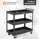 3-tier black metal utility cart with handle, 360° wheels, and 55lbs capacity per tier, ideal for versatile storage.