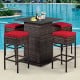 5-piece patio rattan bar set with cushioned red stools and hidden storage, perfect for poolside or backyard gatherings.