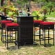 5-piece patio rattan bar set with cushioned red stools and hidden storage, perfect for outdoor leisure at poolside or.