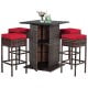 5-piece patio rattan bar table and stool set with red cushions, featuring hidden storage and weather-resistant design.