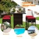 5-piece patio rattan bar table set with cushioned stools, featuring hidden storage, perfect for poolside or backyard.