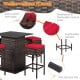 5-piece patio rattan bar set with red cushioned stools, featuring hidden storage and weather-resistant PE rattan for.