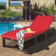 Red outdoor rattan adjustable chaise lounge with cushioned seat, perfect for poolside relaxation and comfort.
