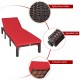 Red cushioned outdoor rattan chaise lounge with adjustable backrest and sturdy steel frame for patio relaxation.