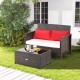 Wicker loveseat set with red cushions and coffee table, featuring ergonomic design for outdoor relaxation.