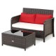 Wicker loveseat set with red cushions and coffee table, featuring brown PE rattan for outdoor use and a glass top.