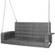 2-person patio PE wicker hanging porch swing bench in grey with sturdy chains and soft cushions for outdoor relaxation.