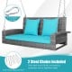 Side view of the 2-person patio PE wicker hanging swing bench, showcasing the durable grey rattan and removable.