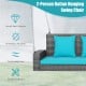 2-person hanging swing chair with turquoise cushions, made of all-weather PE rattan, suitable for outdoor relaxation.