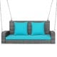 Turquoise cushion 2-person patio PE wicker hanging swing bench with ergonomic armrests and sturdy chains for outdoor.