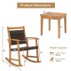 Acacia wood rocking chair set with side table, featuring weather-resistant wicker rattan, perfect for patio relaxation.