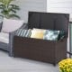 Outdoor wicker storage box with zippered liner, 50-gallon capacity, ideal for patio or poolside use, featuring wheels.