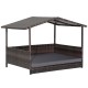 Wicker dog house with weatherproof roof and soft cushion, perfect for outdoor use in any weather.