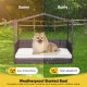Outdoor wicker dog house with weatherproof slanted roof, featuring a soft cushion for comfort in all weather conditions.