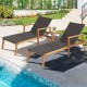 Patio chaise lounge and side table set with acacia wood frame and PE wicker, perfect for poolside relaxation.