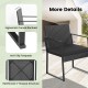 Detail of the ergonomic curved backrest and anti-slip footpads of the black patio chair from a modern furniture set.
