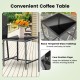 Square coffee table with black tempered glass top and four suction cups, ideal for outdoor patios and small spaces.