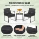 Two black armchairs with cushions and a coffee table, featuring durable PE wicker for outdoor use.