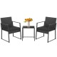 Two black patio chairs with soft cushions and a glass-top coffee table, perfect for porches and balconies.