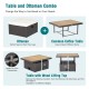 Height-adjustable coffee table and ottoman combo in brown hand-woven wicker with acacia wood top for outdoor relaxation.