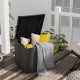 Rattan outdoor storage box with zippered liner, filled with cushions and a blanket, ideal for backyard or patio use.