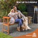 Outdoor eucalyptus wood bench with backrest and armrests, seating up to 2 people, ideal for patio or garden use.